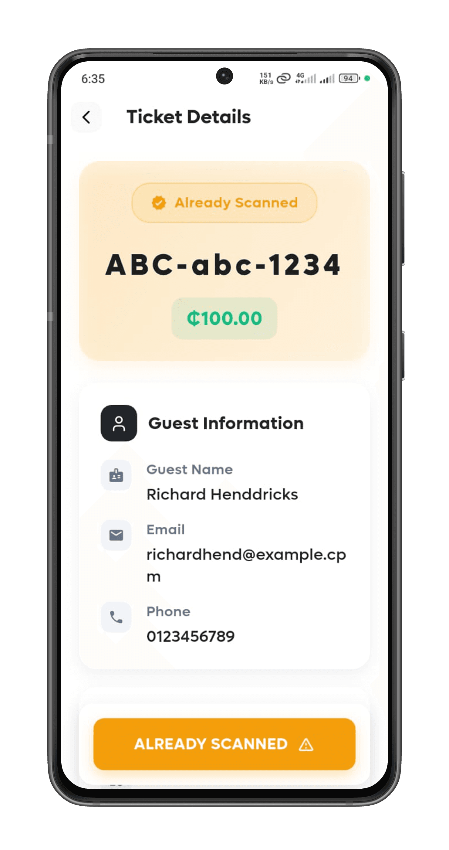 The Aspec Hub scanner app showing a ticket flagged as already scanned, with the guest's details and the amount paid